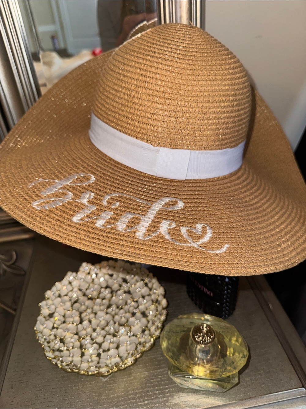 Wide Brim Straw Sun Hat with White Band and 'Bride' Script